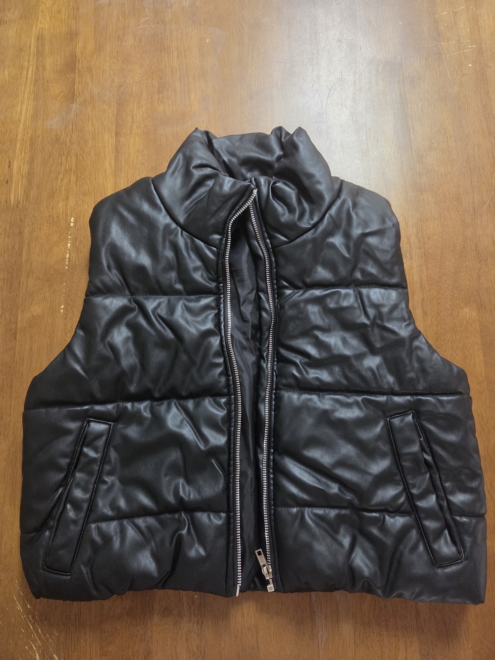 Ambiance Black Quilted Faux-Leather Puffer Vest M